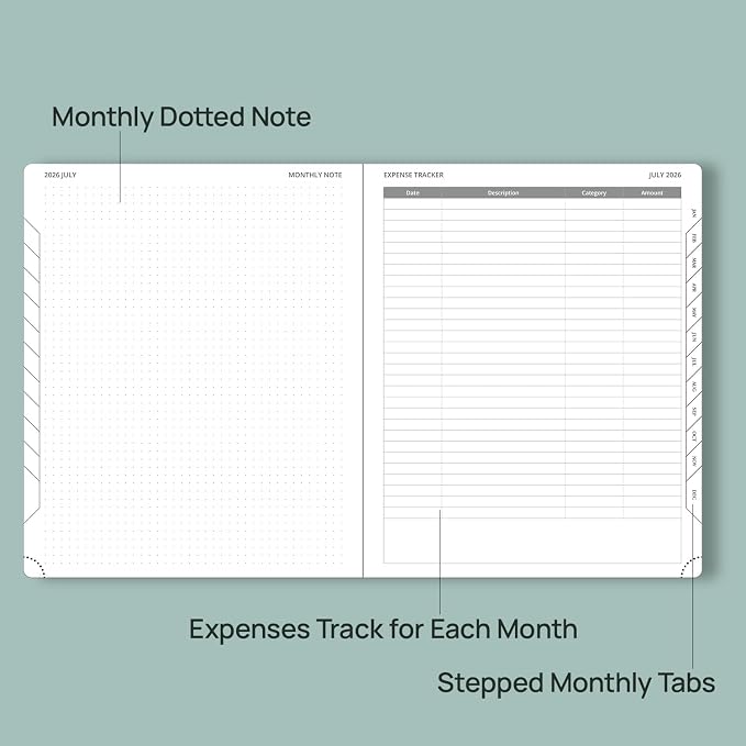 POPRUN Monthly Planner 2026-2027 (Large- 8.5" x 10.5" Soft Cover), 18-Month Calendar Book (Jul.2026-Dec.2027), Calendar Planner with Monthly Tabs & Pocket, 100 GSM Paper - Celadon Green