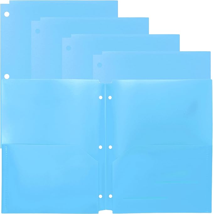 Youngever 6 Pack Heavy Duty Plastic Two Pocket Folders, Binder Dividers with Pocket, 3 Hole Punch Folder with Notches, Binder Folders (Light Blue)