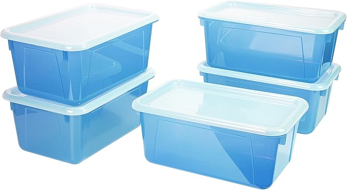 Storex Small Cubby Bins – Plastic Storage Containers for Classroom with Non-Snap Lid, 12.2 x 7.8 x 5.1 inches, Tint Teal, 5-Pack (62486U05C)