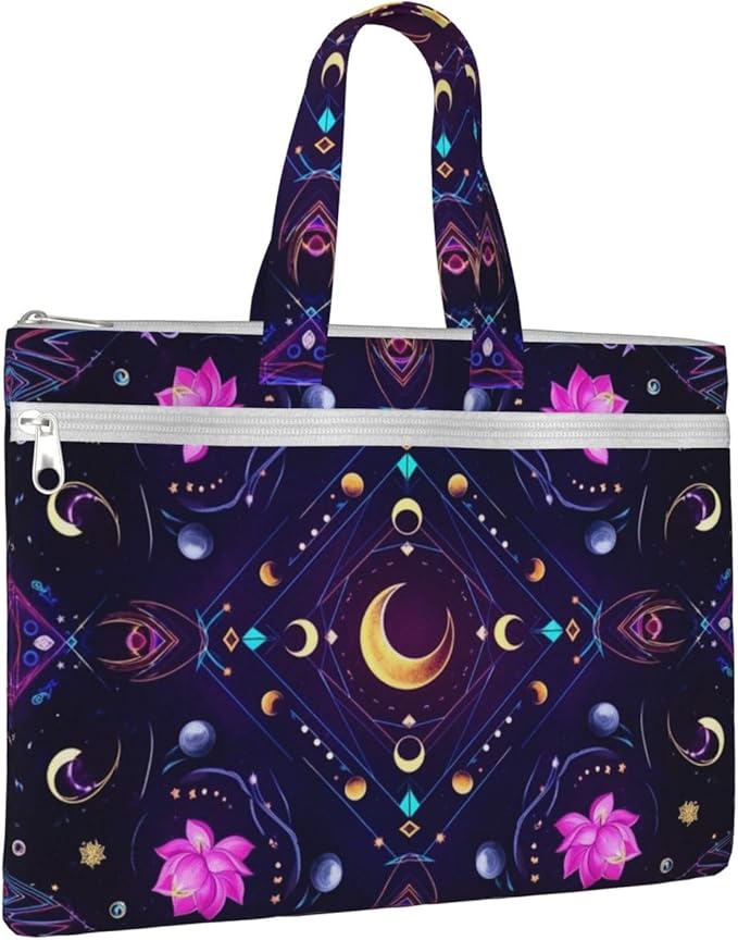 Double Pocket Canvas Waterproof Briefcase, Sacred Symbols Sun Moon Trippy Purple Art Portable Zipper File Organizer with Handle for Documents Storage