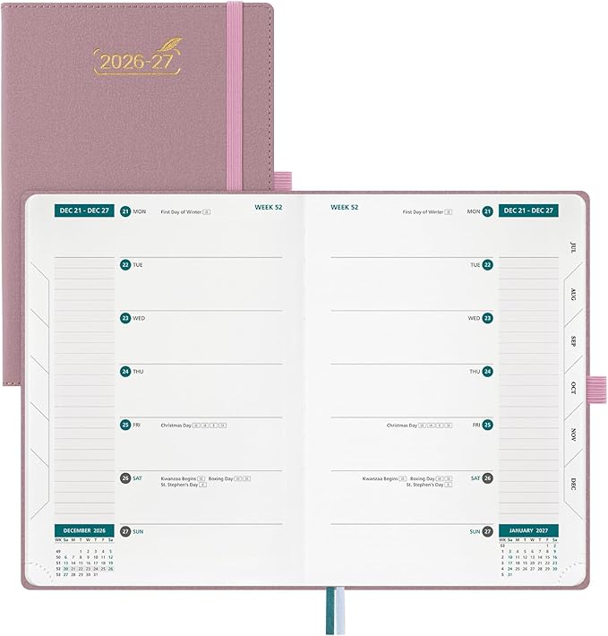 BEZEND Weekly Planner 2026-2027 (6" x 8.5") 2-Column Dual Schedule for Work/School/Home or 2 Person (Jul 26-Dec 27) 18 Months Academic Calendar with Tabs, PU Leather Hardcover -Pink