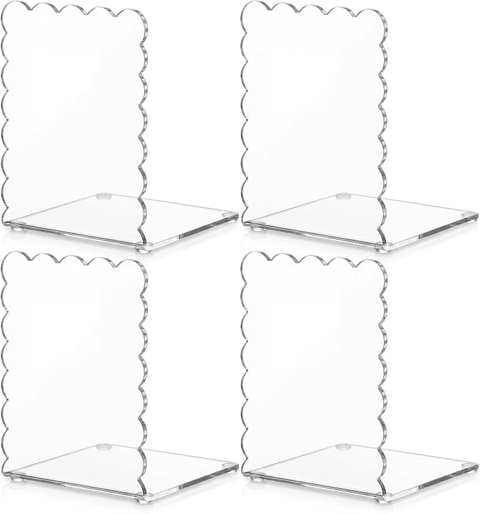4 Pcs Scalloped Acrylic Bookends Clear Book Ends for Shelve Transparent Bookend Organizer Decorative Non Slip Book Holders for School Library Office Cd File Video Games