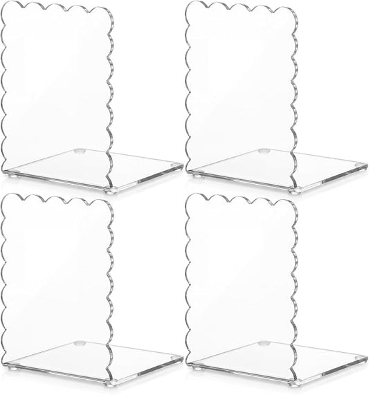 4 Pcs Scalloped Acrylic Bookends Clear Book Ends for Shelve Transparent Bookend Organizer Decorative Non Slip Book Holders for School Library Office Cd File Video Games
