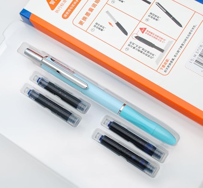 OASO K016 Retractable Fountain Pen Set 0.5mm with 4pcs Blue Ink Cartridges Smooth Writing for School Students (Wave Blue)