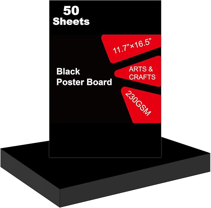 50 Pcs Black Poster Board 11.7 x 16.5 Poster Paper, ROOKEA Vision Boards Posterboard Bulk for School Projects Classroom Arts Craft Presentations Drawing Scrapbooking Blank Graphic Display