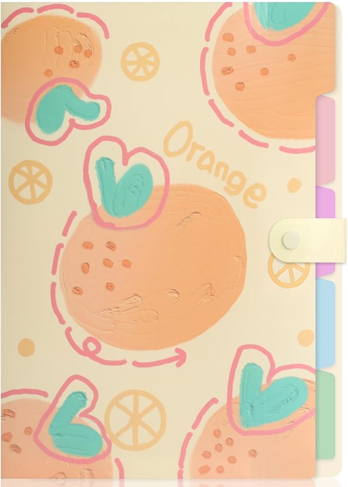 Cute Expanding File Folder Fruit Series - 5 Pockets Accordion Document Organizer, Waterproof Poly Plastic, A4/Letter Size for School Office Home (Juicy Orange)