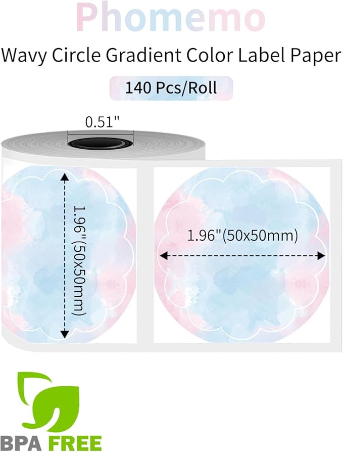 Phomemo Wavy Circle Thermal Label, Gradient Rainbow Blue Sticker Label for M110/M100/M220/M250/M108 Label Makers, 1.96" x 1.96" (50x50 mm), for Barcode/Address/Mailing/Logo/Business/Home