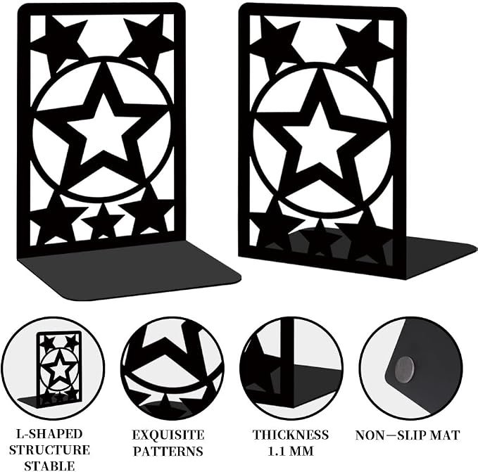 Star Metal Bookends for Shelves Decorative Books for Desk Organizer, Tall Sturdy Metal Book Ends for Heavy Books, Book Shelf Book Holder for Office Library Decor and Home Decor