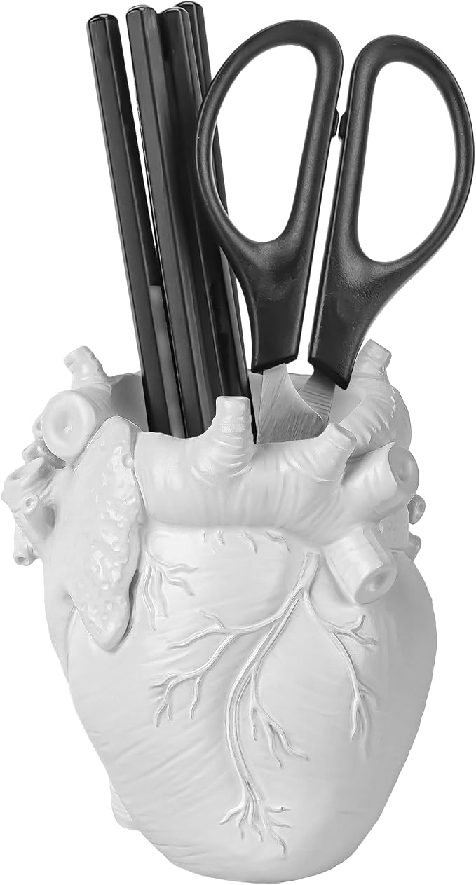 Anatomical Heart Pencil Holder, White Resin Organ-Shaped Pen Cup Desk Organizer, Realistic Human Heart Decor, Stable Base