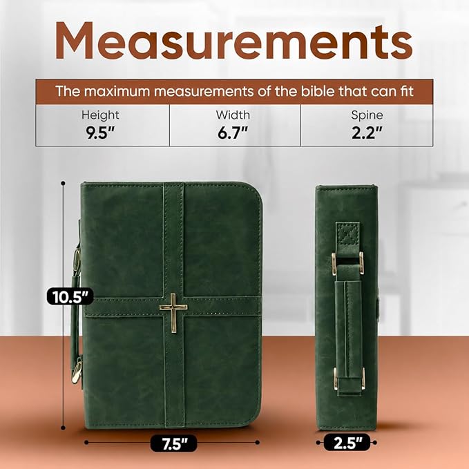 Bible Cover (U.S. Patent Pending), Discreet & Elegant Bible Case, Green PU Leather Bible Cover, Cross Design Bible Bags, Strong and Sturdy Book Case, Includes Premium Bookmark