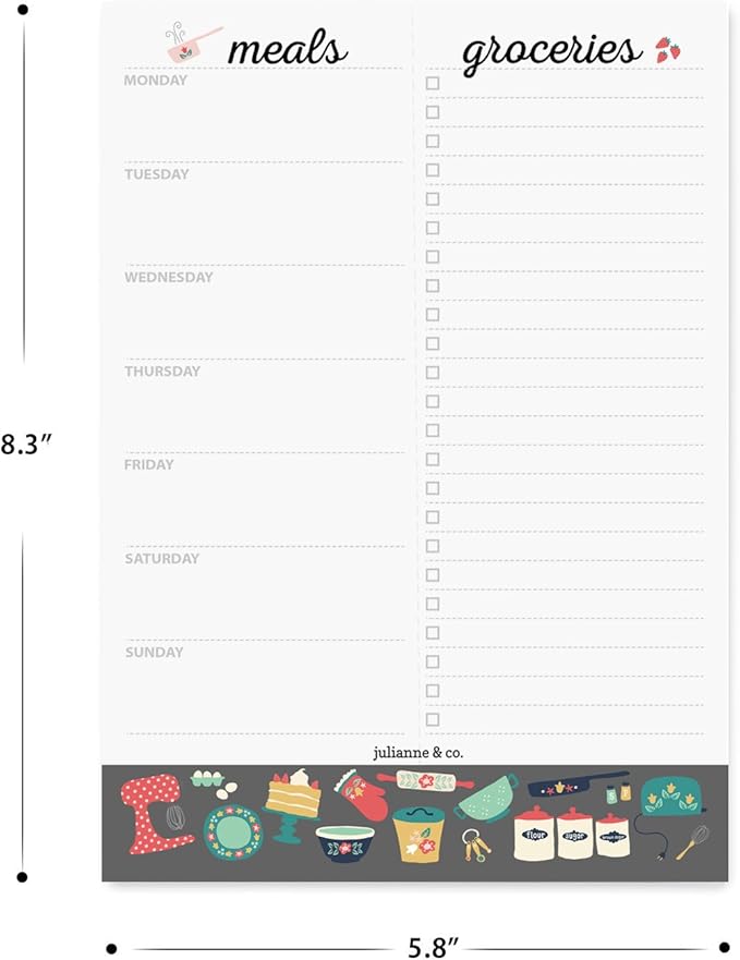 Weekly Meal Planner Notepad By Julianne & Co. - Food Planning Organizer and Grocery List Pad, 52 Premium A5 Pages, with Tear Away Perforated Shopping List (Kitchen Print - NO Fridge Magnet)