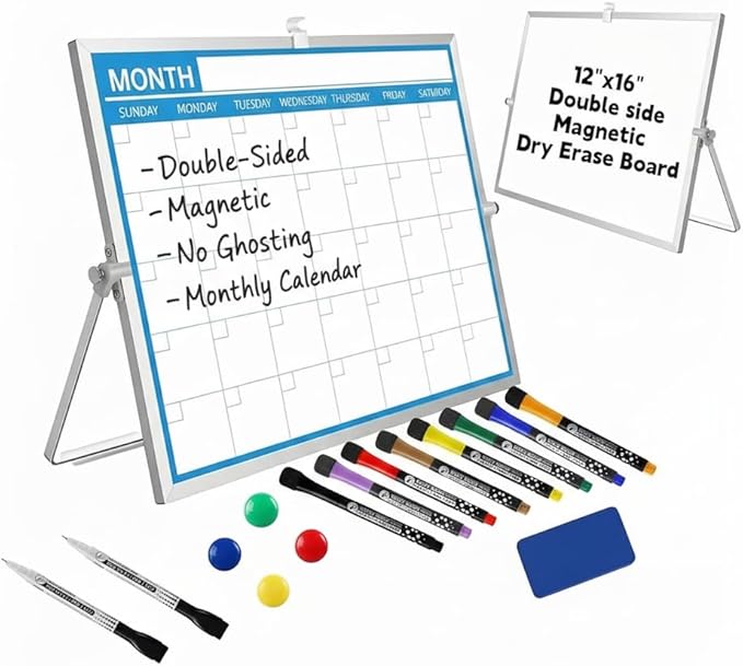 Magnetic Desktop Whiteboard with Calendar 12x16 Inch, Double Sided Tabletop Whiteboard with 10 Premium Markers (for Small Grids), 15-Pc Portable Monthly Planner for Office & School