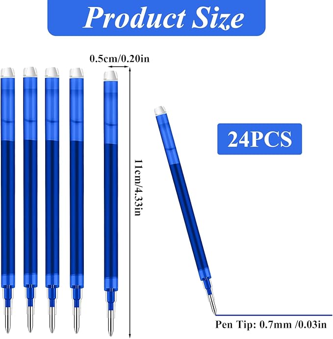 0.7 mm Erasable Gel Ink Pen Refills Compatible with Frixion Friction, Smooth Writing Multicolor Retractable Fine Point Pen Refill for School Office Home Art (Blue, 24)