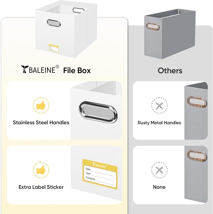 BALEINE File Organizer Box, Cardboard File Folder Organizer with Handle for Letter Size, Portable Collapsible Hanging Filing Box for Home Office Document Storage (4 Pack, Large White)