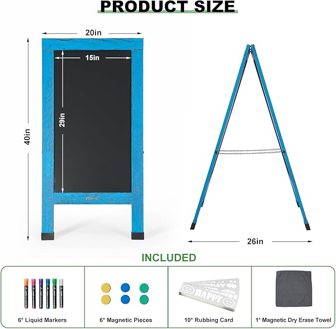 Large Sandwich A-Frame Chalkboard Sign - 40 x 20 Inches Blue Magnetic Wooden Chalk Board for Sidewalk, Stand up Double-Sided Outdoor Easel Display for Restaurant Cafe Shop Wedding Party or Business