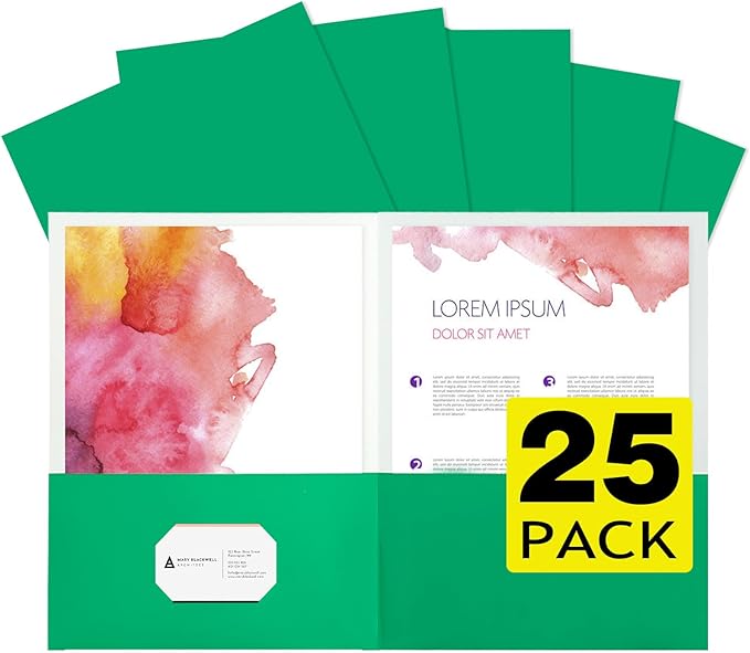 pmybupo 25Pcs Green Folders with Pockets,2 Pocket Folders Bulk,Holds 100 Sheets (50 per Pocket),Assorted Colors,Office Or School
