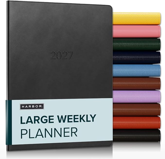 Harbor Large Weekly Monthly Planner 2027, Calendar Planner & Notebook - Durable Faux Leather, 192 Pages, Softcover & Book Bound - Cambridge Black - 9.75x7.5"