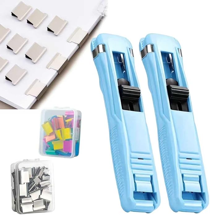 Portable Binder Clip Stapler - Includes 50 Reusable Clips Desktop Push Stapler Binder Clip Paper Clamps Handheld Reusable Push Paper Dispenser for Document School Office (2PCS F)