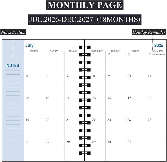 Planner 2026-2027, Weekly and Monthly Planner 2026-2027 Academic Year (July 2026-June 2027), 18 Months Calander Planner, Daily Agenda Book for School Student, Teachers, Office Supplies, Home, 8.2"×5.5" (JUL.2026-DEC.2027 Black)