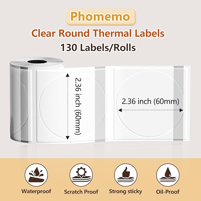 Phomemo Thermal Labels- 2.13"x2.13"(60x60mm) Clear Circle M220 Label- M220/M221/M250/M260 Transparent Thermal Paper - Round Sticker Label for Logo/Barcode/Stickers/Address Labels-1 Pack