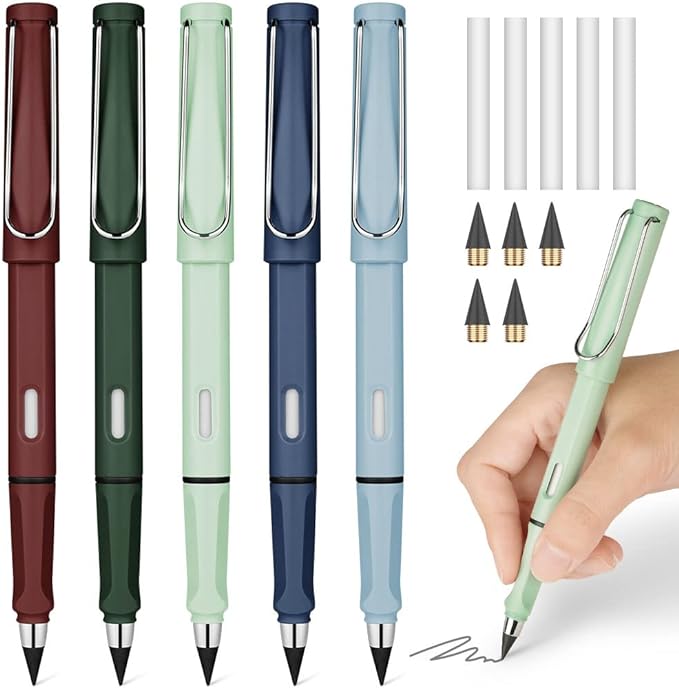 Ainiv Inkless Pencil with Eraser, 5 Sets Infinity Pencil Everlasting Pencil, Reusable Infinite Pencil with Extra 5 Eraser & 5 Replaceable Nibs, Endless Pencil for Home Office School Writing Drawing