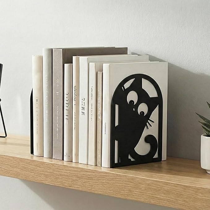 2Pcs Metal Bookends for Shelves, Unique Peeping Cat Book Ends Decorative for Heavy Books, Decorative Books Used on Desk, Shelf, Farmhouse for Small, Bookshelf Decor for Shelves Home