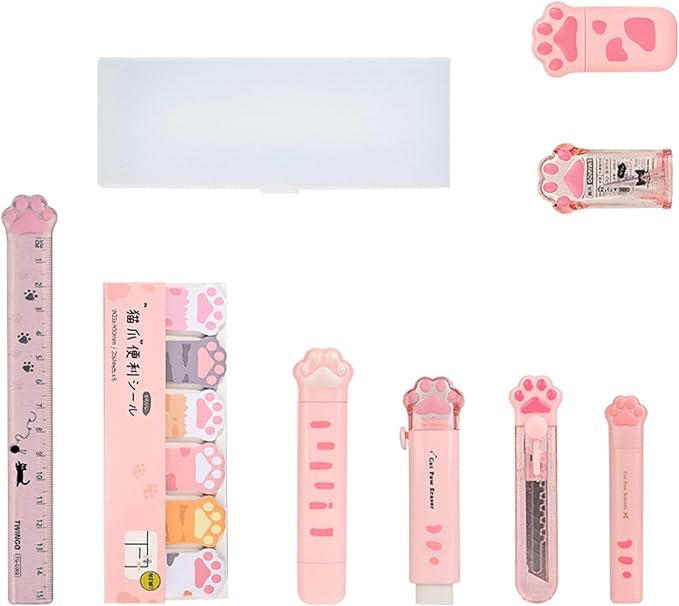 9 Pcs Cute Cat Paw Stationery Set Pencil Sharpener Retractable Eraser Correction Tape Sticky Notes Ruler Mini Scissors Utility Cutter School Office Supplies (Pink1)