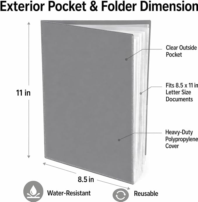 Ultra PRO - 50 Pack Grey Heavy Duty 2-Pocket Folders with 6 Clear Internal Pages, Waterproof Poly Project Organizer for School and Office, Fits 8.5 x 11 Letter Size, Customizable Clear Covers