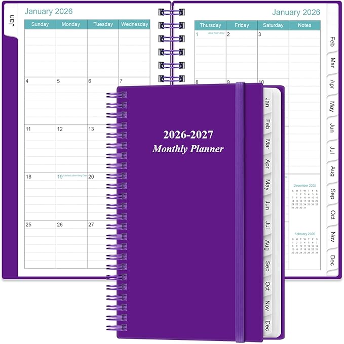2026-2027 Monthly Planner - January 2026 - June 2027, Two Pages Per Month, 18 Monthly Calendar/Planner with Tabs, Strong Twin-Wire Binding, Inner Pocket, 3.75" x 6.5", Teal Flower