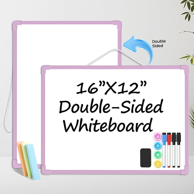 Purple Frame Small Dry Erase Board for Wall, 16" x 12" Double-Sided Hanging Whiteboard with 4 Markers, 4 Magnets and 3 Mini Sticky Notes, Portable Whiteboard for Home, Office, School