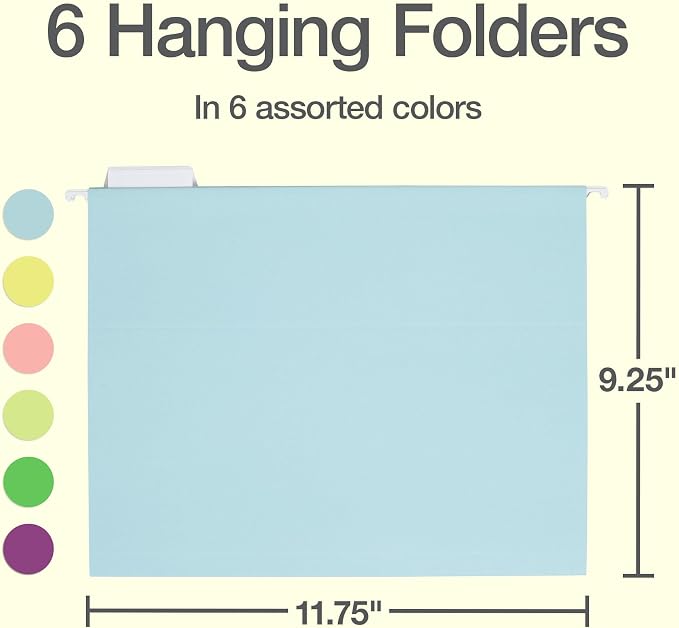 Oxford Hanging File Folders, 6 Pack, Letter Size (8.5" x 11"), 6 Assorted Colors, 5 Tab Positions, Includes Tabs and Inserts, Hanging Files for Office and Document Organization