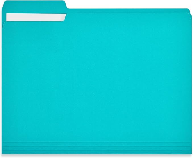 Staples Colored File Folders, Letter Size, 1/3‑Cut Tabs, Teal, Durable Paper Stock, 100/Box