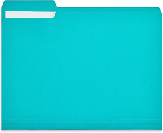 Staples Colored File Folders, Letter Size, 1/3‑Cut Tabs, Teal, Durable Paper Stock, 100/Box
