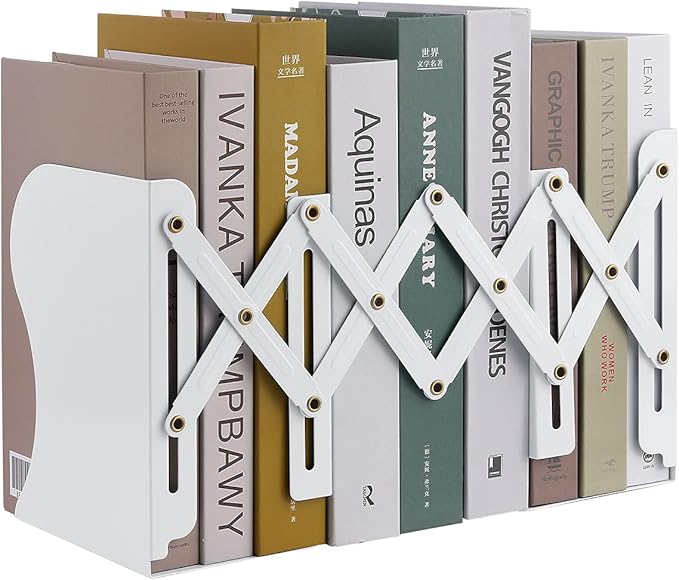 MSDADA Adjustable Bookends, Book Ends for Heavy Books, Expandable Book Organizer for Desk, Shelf, Office, School, for 6 7 8 9 10 11-15 Boys and Girls, Extends up to 19 inches (White)
