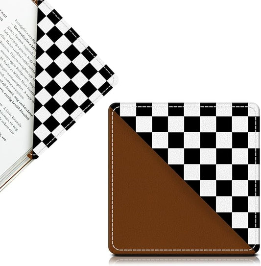 Cute Leather Bookmarks, Fun Triangle Making Corner Bookmark, Book Accessories for Reading Book Lovers, Unbreakable Page Markers for Women Men Black White Plaid