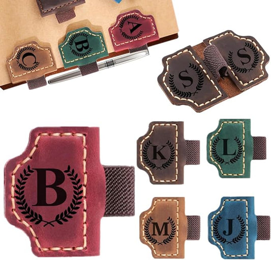 Custom Bookmark with Pen Holder with 26 Letters Personalized Magnetic Leather Book Mark, Customized Name Book Marker Clip with Initial for Men Women, Gifts for Book Lovers, Readers, (Red, B)