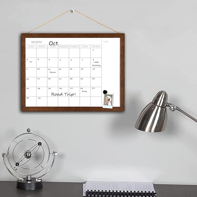TORASO Dry Erase Monthly Calendar Board, Solid Wood Frame Magnetic Whiteboard for Wall, Office/School/Home, Walnut Brown Frame Hanging Board 12"x 16"(YL-WB-3040-A)
