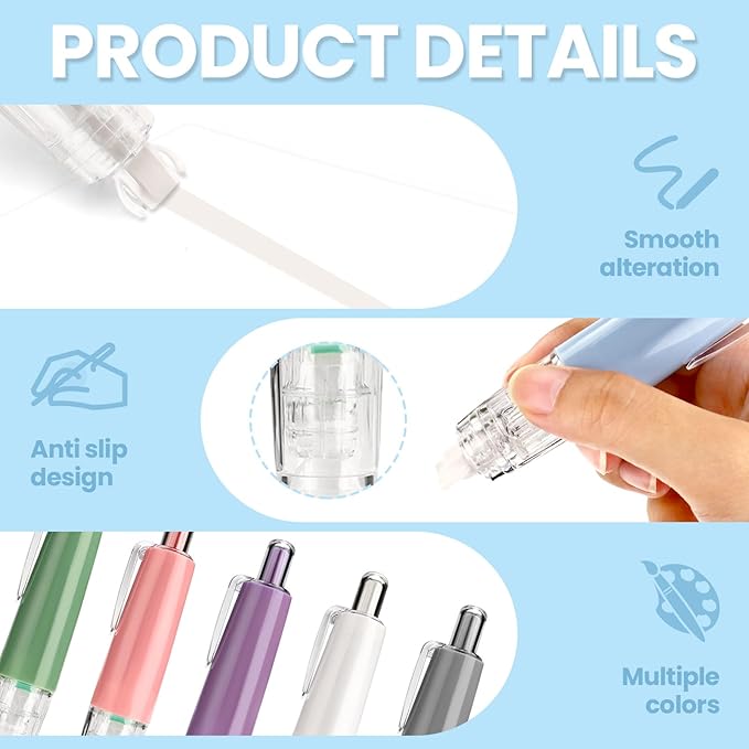 Huakaile Refillable Retractable Correction Tape, 7 Pack Correction Tape Easy to Use Applicator, Pen Shaped Applicator for School Office Journal Wrong Writing Instant Correct (Pack, 7)