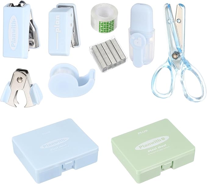 PATIKIL 2 Pack Office Supplies Set, 8pcs Desk Supplies Set Stapler Tape Dispenser Scissors Accessories Kit Mini Office Supply Kit Cute Small for Desk Women Organizer, Green Blue