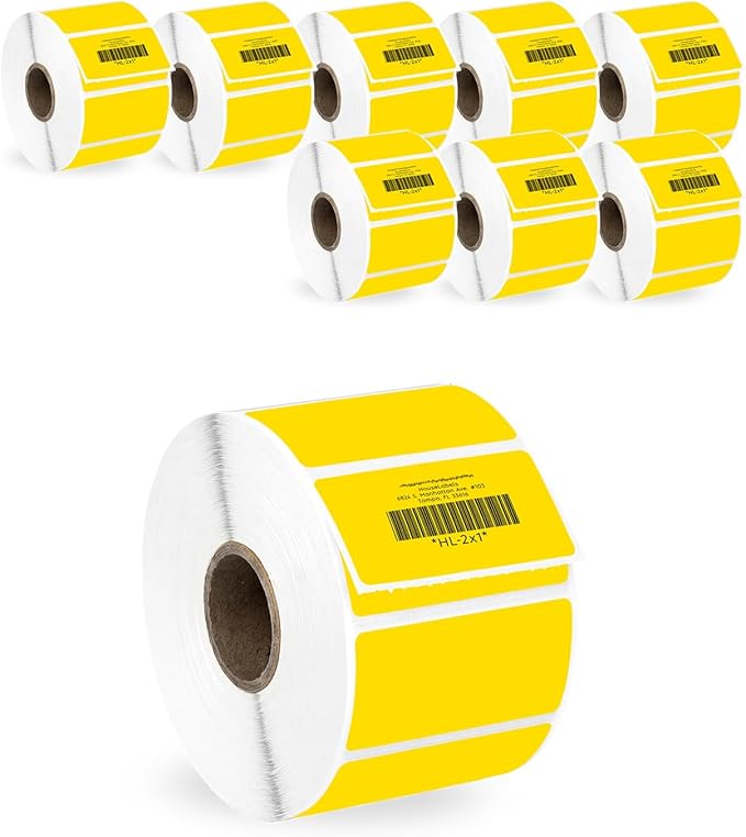 HOUSELABELS 2" x 1" Yellow Barcode Labels on 1" Core Compatible with Zebra and Rollo Printers, 9 Rolls / 1,300 Labels per Roll