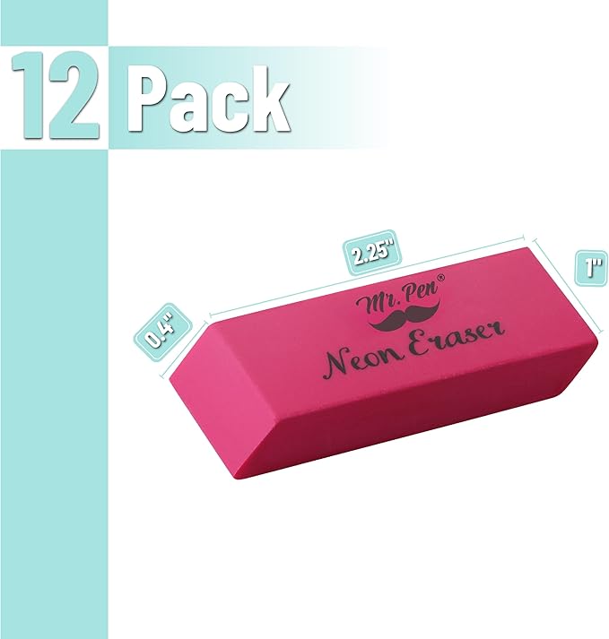 Mr. Pen- Pencil Eraser, 12 Pack, Neon Colors, Large Latex Free Block Erasers for School, Office, Art Sketching, Homework, Exams, Clean Smudge-Free Correction