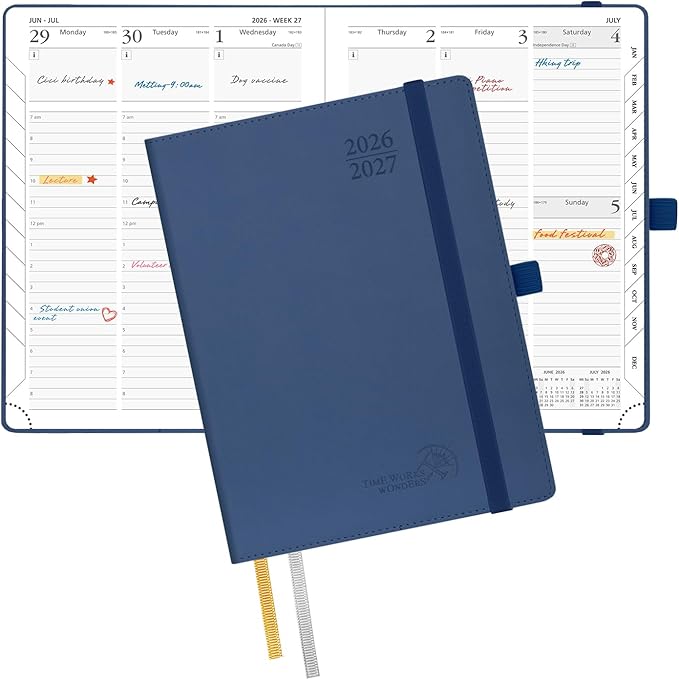 POPRUN Planner 2026-2027, 6.5" x 8.5", Academic Planner 2026-2027 Weekly and Monthly (July 26-June 27) Hourly Appointment Book with Inner Pockets, Leather Soft Cover, 100GSM - Navy Blue