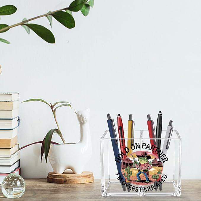 Funny Western Frog Cowboy Acrylic Cosmetic Pencil Pen Holder Hold On Partner I'm Overstimulated Pen Holder Cup Funny Gifts for Women Men Colleague Boss Decor for Home Office Desk Accessories