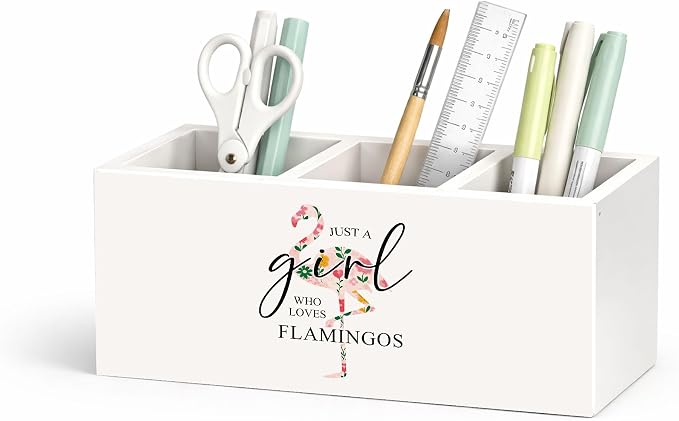 Flamingo Desk Organizer Wooden Pen Pencil Holder for Desk, 3 Compartments Office Accessories, Just a Girl Who Loves Flamingos Cute Bird Decor, Tropical Theme Table Storage for Home Office