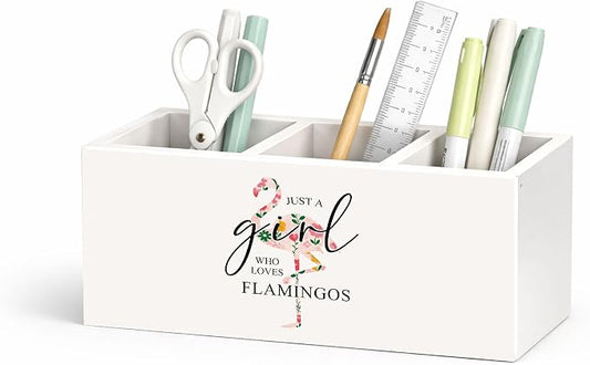 Flamingo Desk Organizer Wooden Pen Pencil Holder for Desk, 3 Compartments Office Accessories, Just a Girl Who Loves Flamingos Cute Bird Decor, Tropical Theme Table Storage for Home Office