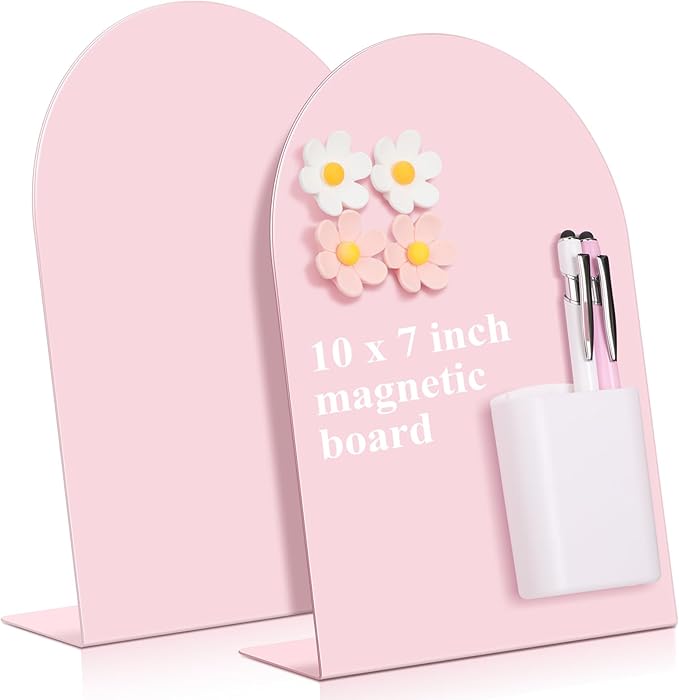 Redbaker 2 Pcs Magnetic Bulletin Board for Tabletops with 8 Flower Magnets 2 Magnetic Pen Holder 2 Pen 10 x 7 Inch Memo Display Easel Stand for Home Office School Kitchen Table Supplies(Pink)