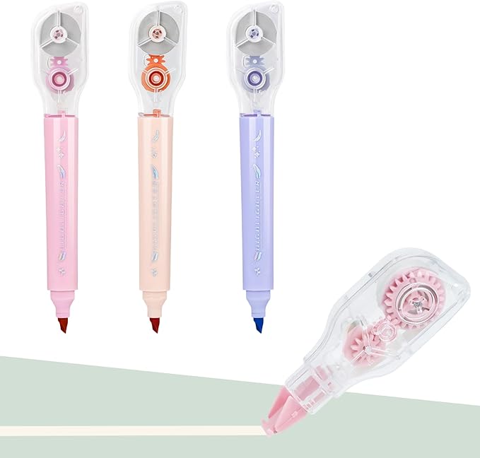 Temiary 3 Pcs 2 In 1 Aesthetic White Correction Tape and Pastel Highlighters Set, Smooth Pull Out Tape with Highlighter Pen for Bible Journaling School, Home, and Office Supplies (Morandi)