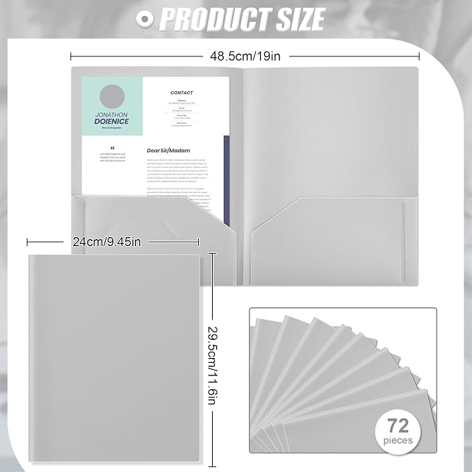 Gueevin 72 Pack Plastic Folder with Pockets, 2 Pocket Folders, Plastic Glossy Folders Fit Letter Size Paper, Heavy Duty Durable File Folder with Business Card for Home Office School (Light Grey)