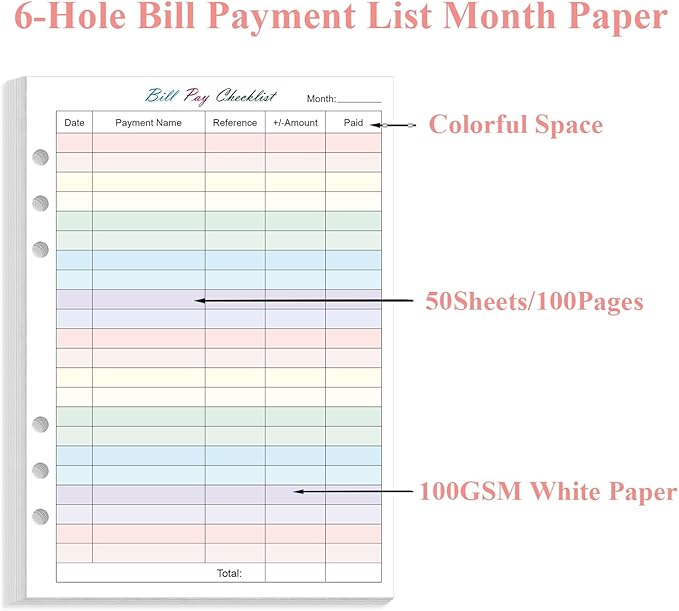 Payment Checklist Refills - 50 Sheets/100 Pages Colorful Monthly Budget Forms for A5 Binder, 6 Hole Punched, 100 gsm White Paper, 5.8" x 8.3"