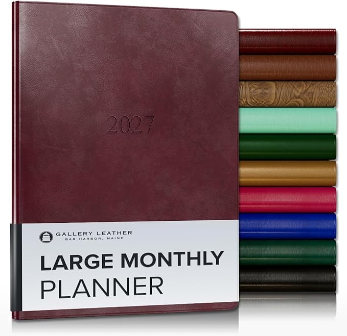 Gallery Leather Large Monthly Planner 2027, Elegantly Bound Calendar Planner and Notebook with Stylish Gold-Gilded Page Edges, 18 Months - Acadia Burgundy - 9.75x7.5"